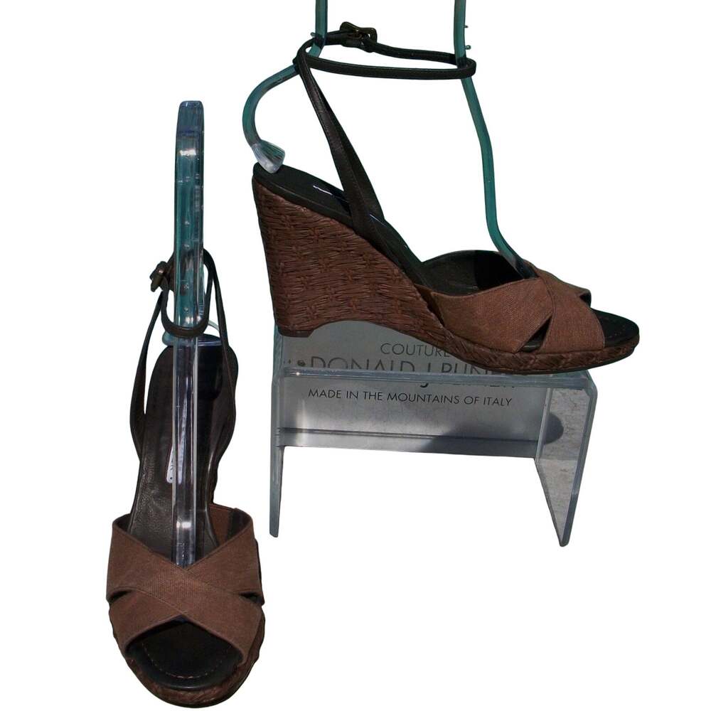 Donald Pliner Brown Linen Leather Platform Shoe New Wedge Ankle Wrap $235 NWT 8